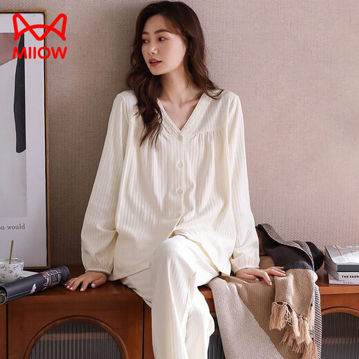 Catman women's pajamas for women in autumn and winter 100% cotton comfortable cardigan long-sleeved trousers can be worn outside home clothes 25 years new product