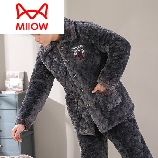 Catman (Miiow) Winter Herren-Pyjamas Koralle Samt dreischichtige Baumwolle verdickte Flanell Herbst und Winter Home Clothing Warm Set D9921 Black Grey [Pflug] L [100-120jin [Jin gleich 0,5 kg]]]