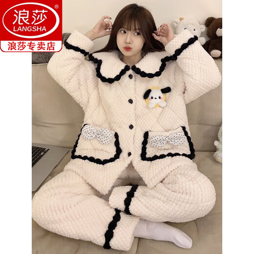 Langsha Pyjamas de veste en coton à trois couches pour femmes plus en velours épaissie de corail chaud en velours automne et hiver Nouvel vêtements pour maison de flanelle QJ-3291 M