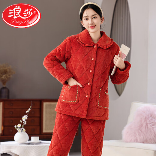 LangSha pajamas women's new winter coral velvet three-layer cotton thickened warm mother middle-aged and elderly home clothing set 1105# burgundy XL [Suggested 115-130Jin [Jin equals 0.5 kg]]