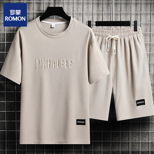 
ROMON casual sports suit men's summer trendy ice silk T-shirt thin shorts large size short sleeves handsome paired with two-piece suit - TZ829 gray [top + pants] XL Recommended 130-145 Jin [Jin equals 0.5 kg]