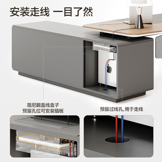 Wolin boss desk light luxury desk modern high-end manager desk president office supervisor desk and chair combination E0 plate A type 2.2 meters desk-left cabinet-eucalyptus color