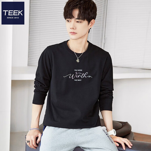 TEEK纯棉长袖t恤男生休闲衣服 2025秋季时尚印花男装体恤青年百搭上衣 HC687黑色 S