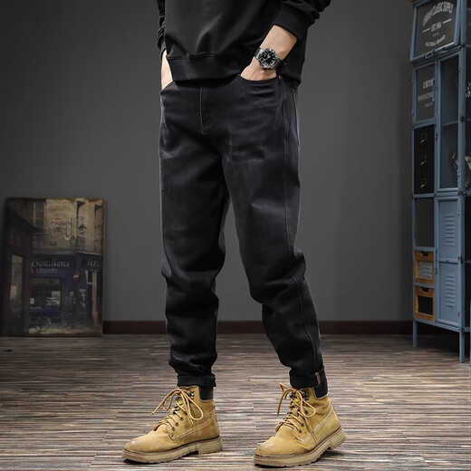 名面夏季潮牌新款男士牛仔裤宽松休闲裤高端哈伦小脚长裤 黑色 38 （180-200斤）