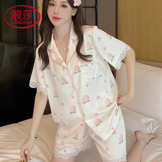 Langsha Light Luxury Seidenpyjamas für Frauen im Sommer Dünne süße Spitze Pfirsich kurzärmelige Hose dreiteiliger Set für Outdoor-Kleidung Pfirsich [kurzärmelige + Langwolken] 9905 2xl [Empfohlen 130-155jin [Jin gleich 0,5 kg]]