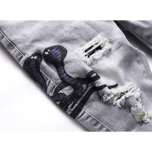 Moring Bull New High Street AM Trendy Jeans Herren zerrissener Cobra Sticker Leder Patch Elastizität Slim Black Black 3523 29