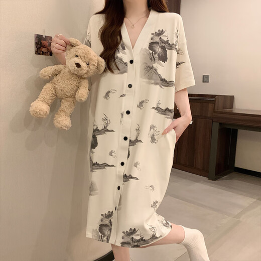 Hong Kong Lianya Nightgown avec coussinet mammaire pour les femmes pour l'été à manches courtes à manches minces de pyjamas pour femmes peinture à l'encre de grande taille pour les vêtements pour la maison pour usager 5155 fleurs vertes avec coussinet xl x