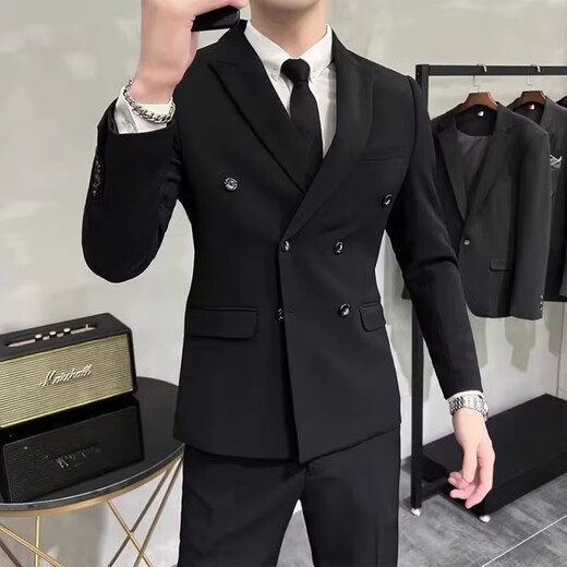 星禾莱英伦风双排扣西装男套装商务休闲正装新郎结婚礼服西服四件套 衬衫+领带 M