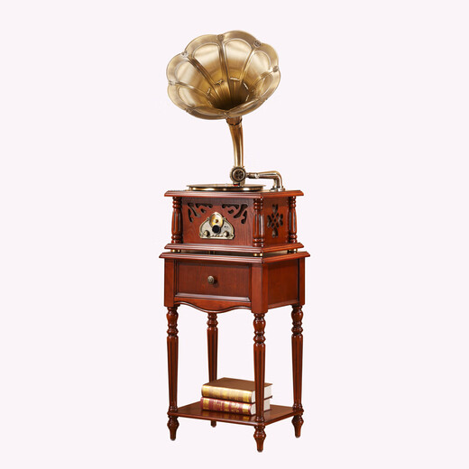 SHENGLINA American solid wood gramophone retro vinyl record player nostalgic national old-fashioned antique large speaker living room audio European record player cherry color copper speaker + subwoofer