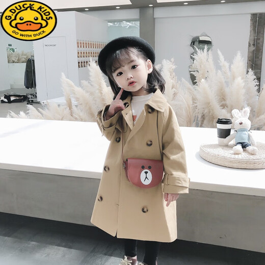 G.DUCKKIDS Girls' Jacket Spring and Autumn Children's Double-breasted Casual Jacket Top Mid-Length Trendy Coat Children's Windbreaker Khaki 110 Recommended Height 100-105cm Age 4-5