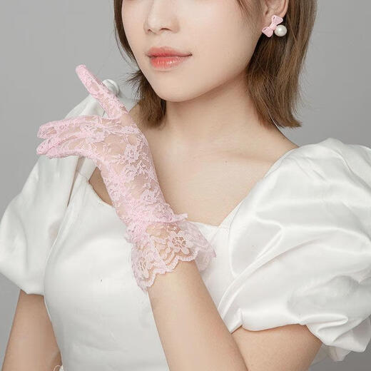 婉诗妃春夏季开车防晒蕾丝手套女士短款薄款婚纱新娘白色礼仪手套黑红色 红色