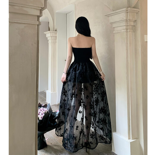弹簧人生日礼服性感御姐cos女王束腰修身网纱长裙女 黑色(含胸垫和鱼骨) L