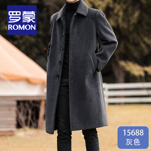 ROMON Woolen Coat Men's Winter Mid-Length Over-the-Knee Woolen Windbreaker Korean Style Trendy Thickened Lapel Winter Jacket Men Gray 2XL/185 Size