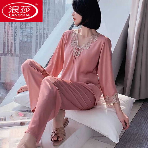 Langsha Pyjamas für Frauen im Frühjahr und Herbst, langärmelte Ice Seide sexy neue Frauen zweiteilige Studentin Korean Cute Home Clothing Langarmed 9856 Hellrosa Anzug M [70-100jin [Jin gleich 0,5 kg]]]