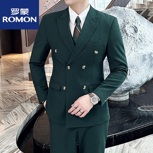 ROMON dark green suit men's suit groom double-breasted suit men's casual slim wedding dress peaked lapel dark green (suit + pants) tie M
