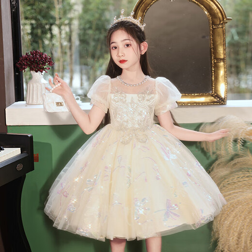 奥蒙威（AOMENGWEI）女童礼服公主裙甜美儿童花童婚纱生日连衣裙主持钢琴演出服DY9208 香槟色短袖【单裙】 150