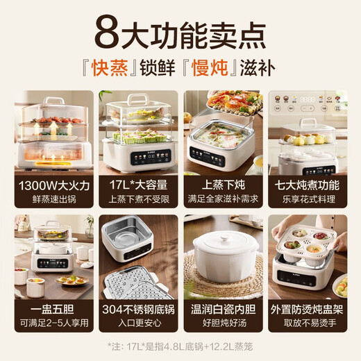 SUPOR electric stew pot, electric steamer, electric stew pot, water-proof stew pot, soup pot, stew pot, 0-coating multi-functional white porcelain stew pot, steaming up and down, bird's nest stew pot, electric cooking pot 17L