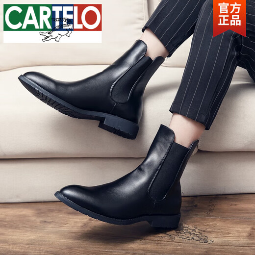 Cartelo 2025 Herbst High-Top-Lederschuhe für die koreanische Version von Herren British Spote Toe Business mit Höhe von 4cm6 lässig große Chelsea-Stiefel 9921 Schwarz (normales Modell) 38