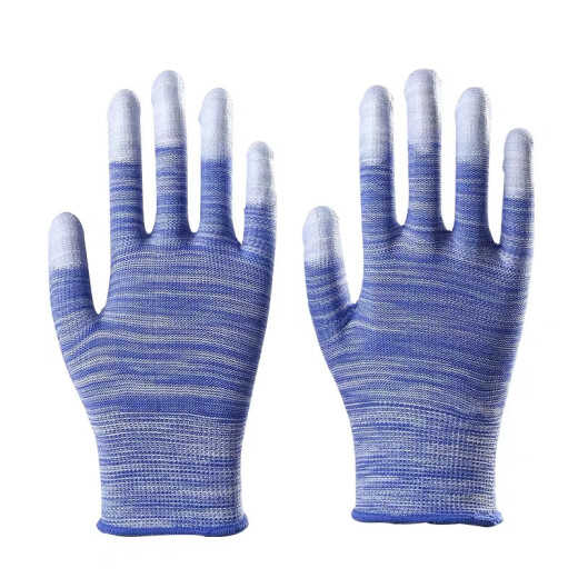 PU coated finger gloves with palm coated labor protection thin white nylon dipped coated rubber men and women breathable non-slip wear-resistant work upgraded blue finger coated gloves (12 pairs) M