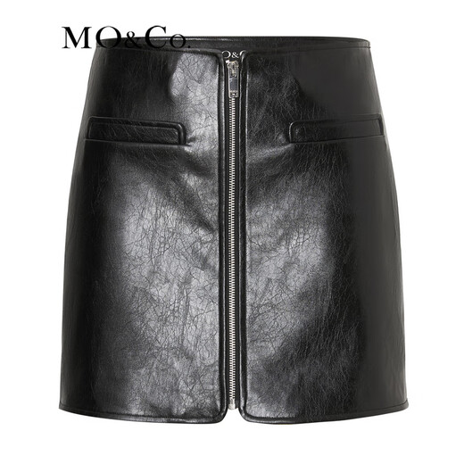 MO&Co. Rock style front zipper high waist knitted fabric base plain leather PU leather A-line short skirt skirt leather skirt Moanke black-2nd batch M 165