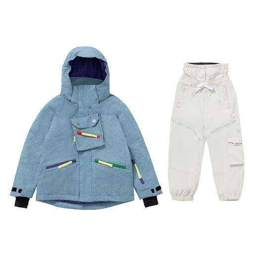 Vector children's ski suit, ski suit, boys and girls, warm, thickened, waterproof ski overalls, breathable, light blue denim + snow mountain white pants, same style for men and women 120