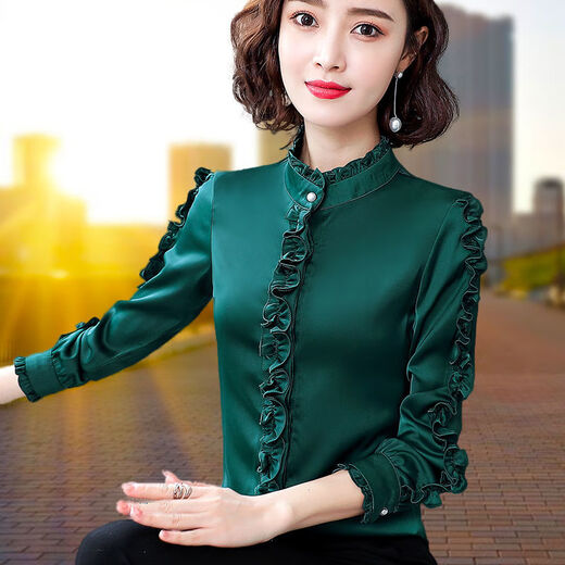 FHHUABD广东普宁女士衬衫官方旗艦店加绒立领雪纺女长袖秋冬新款缎面衬衣 5012杏色 (不加绒) S  建议80/90斤