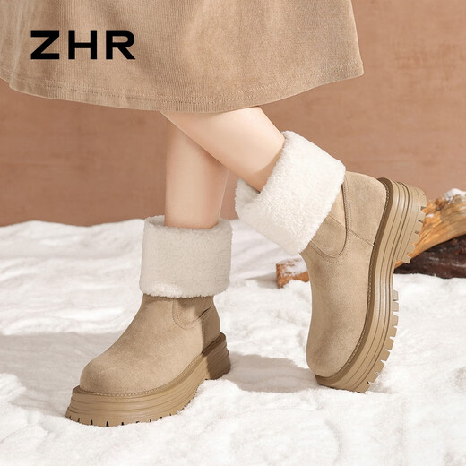 ZHR two-wear snow boots for women plus velvet and thickened women's boots lamb wool warm and increased Northeast cotton shoes JF72 Khaki 37