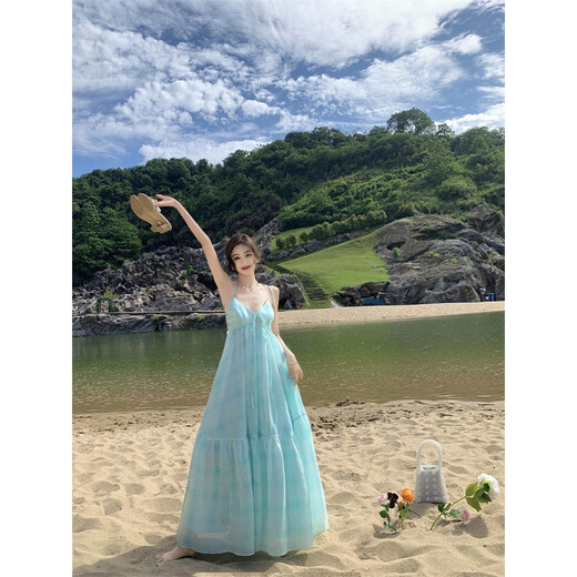 
YIOU Purple Mint Green V-neck Hanging Neck Sling Long Dress Summer Dopamine Seaside Vacation Fairy Skirt 9755 Picture Color M