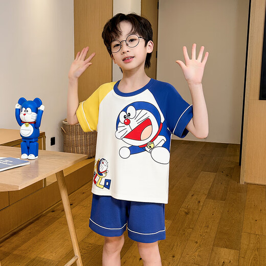 儿童睡衣男孩夏季纯棉男童短袖中大童小孩蜡笔小新薄款家居服套装 DZ6630插色叮当 小童10码身高105-115cm38斤内