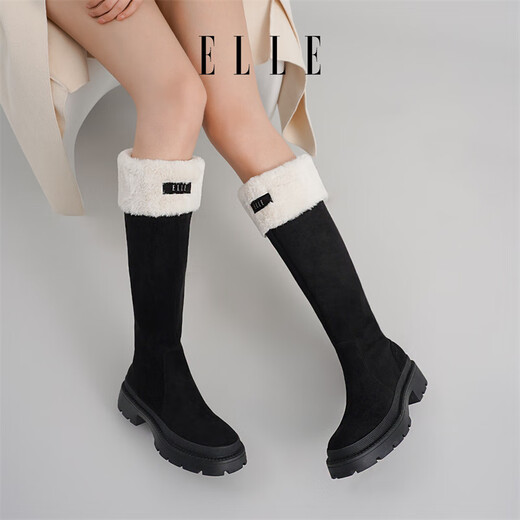 ELLE长靴女靴新款加绒加厚靴子女拼接磨砂长筒靴女两穿雪地靴 黑色 跟高4CM 35 (225mm) 标准码