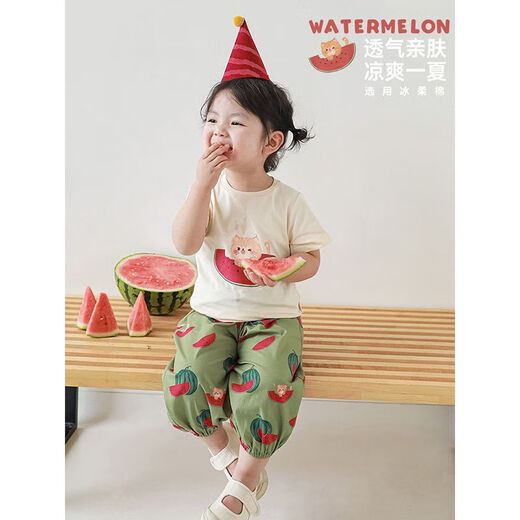 Camiseta de la serie de sandía de YouYou Girls 2024 Summer Nuevo lindos pantalones cortos verdes de dibujos pantalones de la pierna de bebé