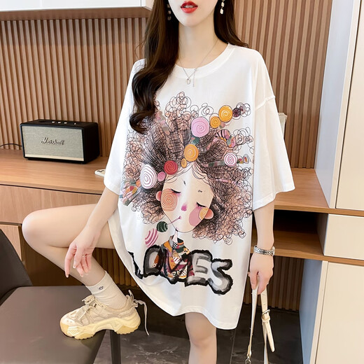 
Duvanis long T-shirt for women with hips and thin summer ice silk waist-tightening paired with shark pants American retro cotton short-sleeved T-shirt 6625-white. The real thing is super good-looking. L Recommended 120-150Jin [Jin equals 0.5 kg]