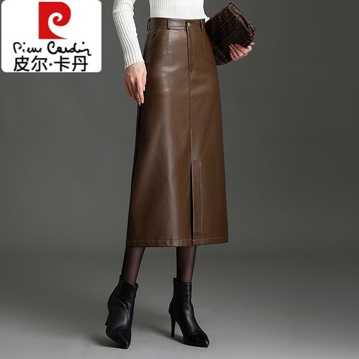 Pierre Cardin 2025 new slit leather skirt hip-covering skirt for women autumn and winter high-waisted slim skirt mid-length temperament one-step skirt brown skirt length 80-82CM 3XL 31/2 feet 4