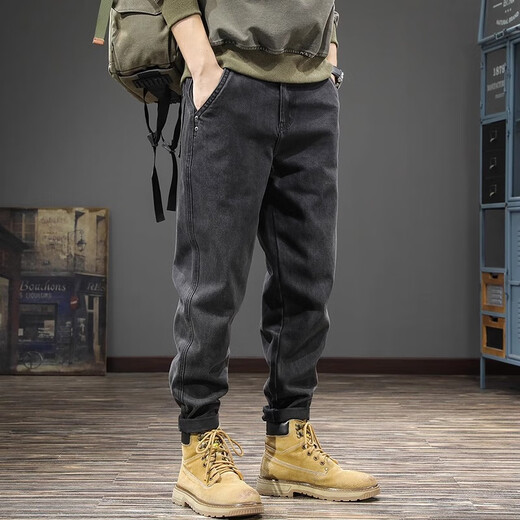 名面夏季潮牌新款男士牛仔裤宽松休闲裤高端哈伦小脚长裤 黑色 38 （180-200斤）