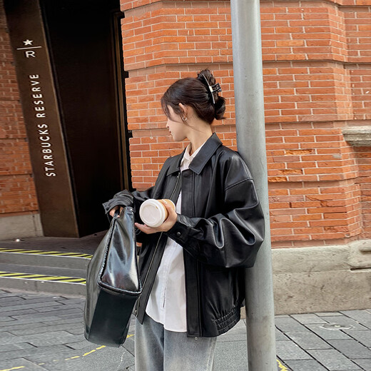GARNUO棕色皮衣外套女早春秋2025新款爆款小个子复古美拉德机车短款夹克 黑色 M【106-125斤】