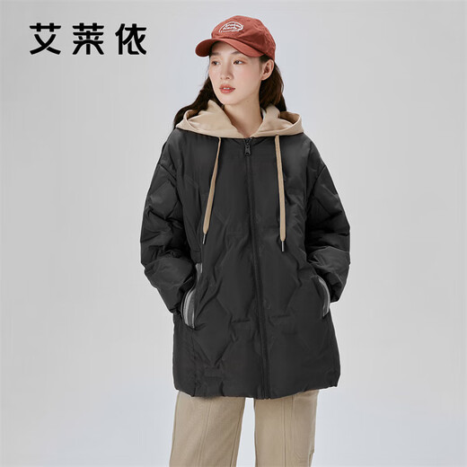 Ai Lai Down Jacket Women's Fake Two-Piece Short Hooded Loose Fashionable Warm Baseball Jacket Carbon Black 165