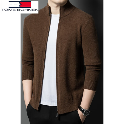 
Tommy Hee Kelly 100% Wool Knit Cardigan Men's Fall and Winter Thick Sweater Middle-aged Half-Turnneck Wool Knit Jacket Tea Coffee 105