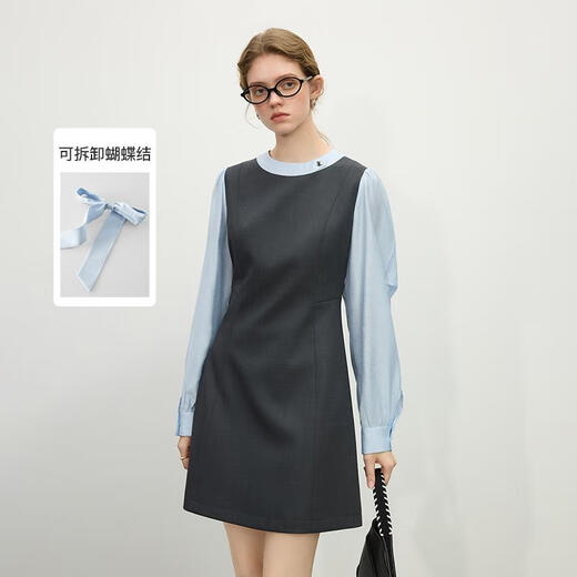 Fan silanen coréen faux robe d'épissage en deux pièces pour femmes 2025 vêtements de printemps nouvelles jupe de style académie Qianjin 1291 Blue Gray M