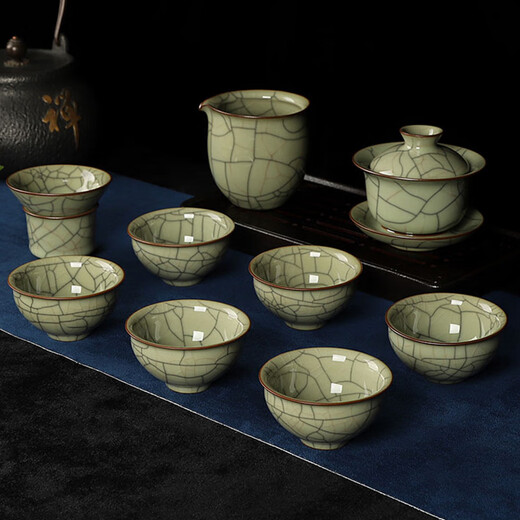ROYHOYE Wangwu celadon complete set of exquisite hand-me-down Ge kiln kung fu small teacup tea set gift box set ceramic ice crack covered bowl Hand-me-down Ge kiln 10 pieces