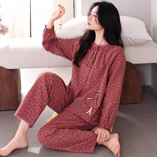 莫代尔睡衣女士春秋季秋款纯棉长袖妈妈秋天全棉中年大码开衫家居服套装 C1517鲸灰 3XL码(建议160-180斤)