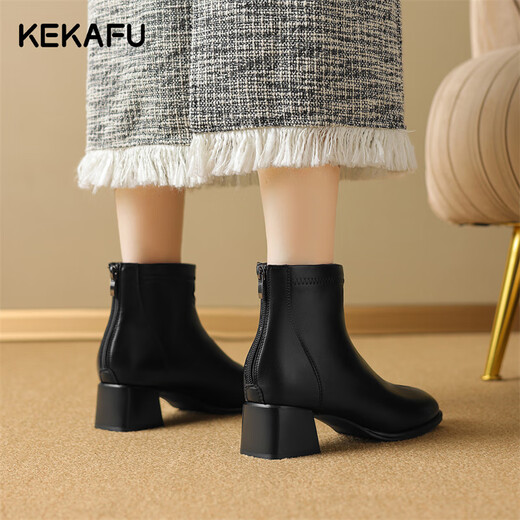 Kekafu schwarze Kurzstiefel Frauenstiefel 2024 Frühlingsmode dicke Absatzstiefel Frauen Mode Chelsea Französische Nacktstiefel Frauen Schwarze Absatzhöhe: 4,8 cm 38