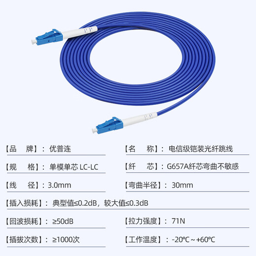 优普连 电信级铠装单模光纤跳线sc转sc-LC-FC-ST钢圈铠甲线 工程专用尾纤延长线防鼠咬阻燃 铠装单模单芯LC-LC 5米