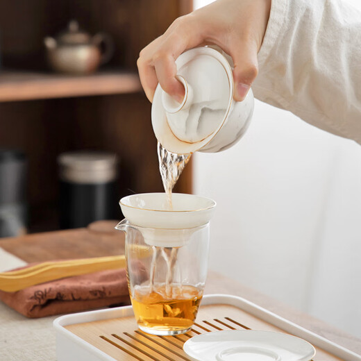 Gold-inlaid jade Kung Fu tea set Suet-fat jade porcelain household ceramics white porcelain with tea tray and bowl travel tea set gift set Gold-painted mutton-fat jade porcelain set with distant mountains