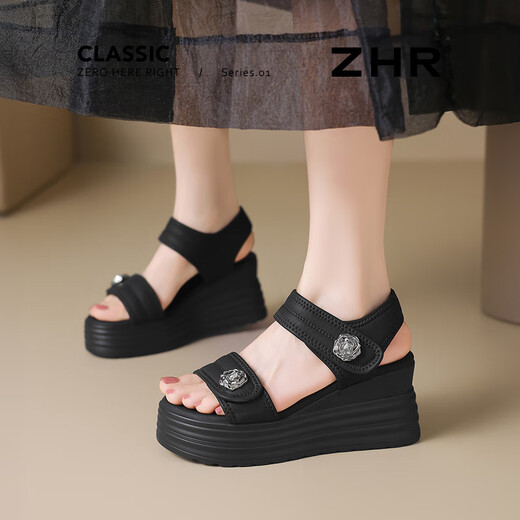 ZHR thick sole high heel sandals for women wearing high-rise soft sole heeled casual women's shoes CE37 black 36