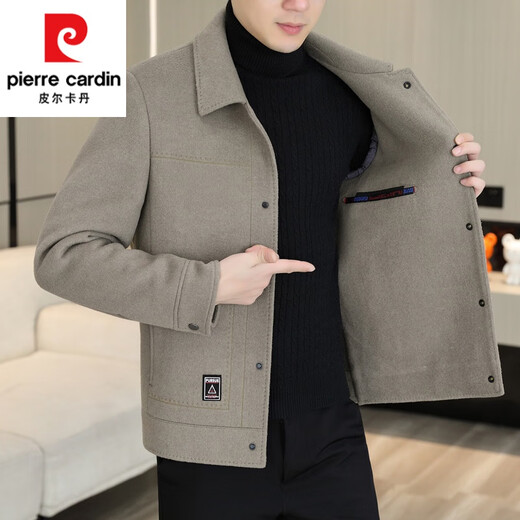 Pierre Cardin Men's Double-sided Woolen Jacket Woolen Jacket Autumn and Winter Men's Woolen Coat Short Cashmere Windbreaker Men's Khaki 2XL 185 Size (145-160Jin Jin is equal to 0.5 kg can be worn)