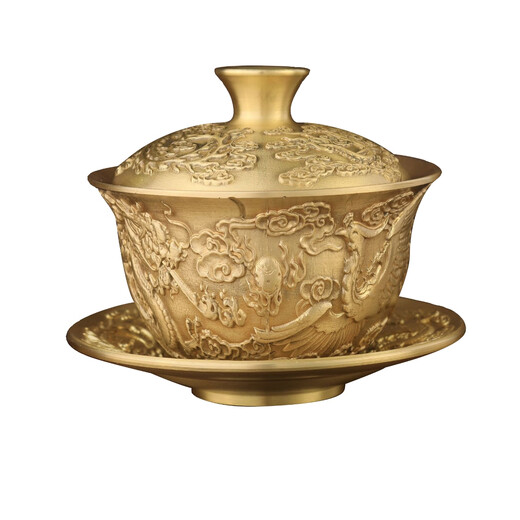 Shangjiabang brass tea cup, copper tea bowl, pure dragon and phoenix covered bowl tea set, Chinese style handicraft ornaments, tea ceremony three-piece set, living room, Wuniu tea can 655g single