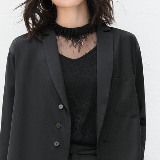 AMII Women's 2025 Minimalist European Station Suit Casual Pants Suit Autumn New Medium Long Loose Lapel Outer Black (Top) XL 170/92A