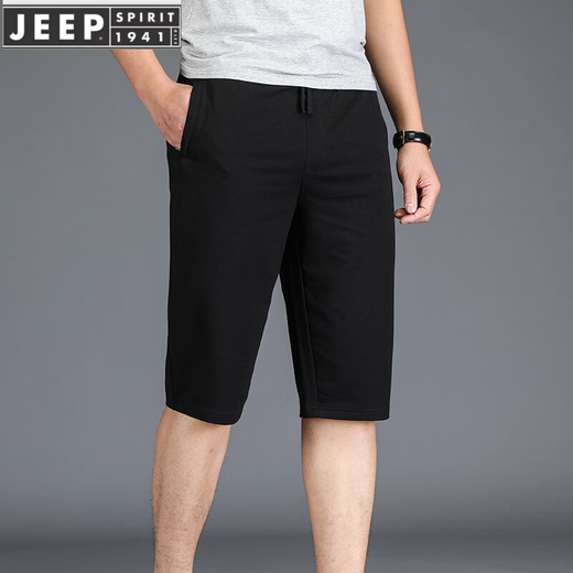 JEEP SPIRIT运动短裤男夏季宽松收口束脚休闲男士大码中裤薄款针织七分裤夏季 6167黑色 M