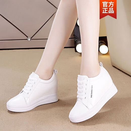 CARTELO genuine leather inner height increasing women's shoes 2023 new spring and autumn leather shoes Korean version versatile wedge travel leisure sports white shoes white single shoes 34