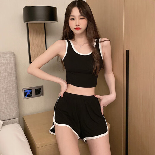 浪莎（LangSha）睡衣女款春秋2025新款夏季天吊带胸垫一体吊带背心运动两件套装 12035黑色 XL 【推荐115-130斤穿】